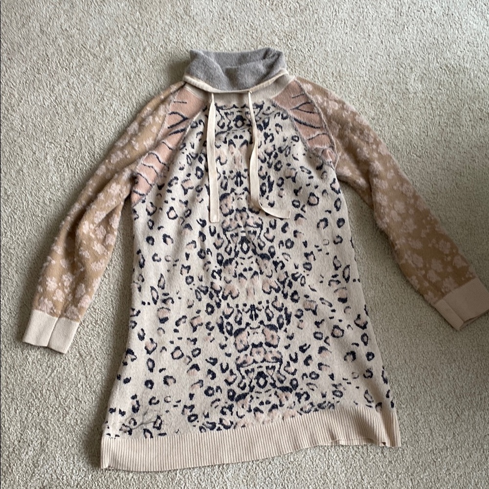 Tribal Leopard Print Tunic Sweater with Cowl Neck- Medium